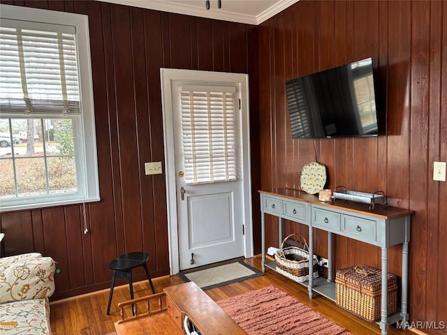 doorway to outside with hardwood / wood-style floors and wood walls