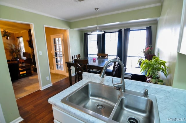 kitchen with pendant lighting, sink, dark hardwood / wood-style floors, and a healthy amount of sunlight