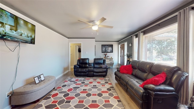 living room with ceiling fan and light hardwood / wood-style floors