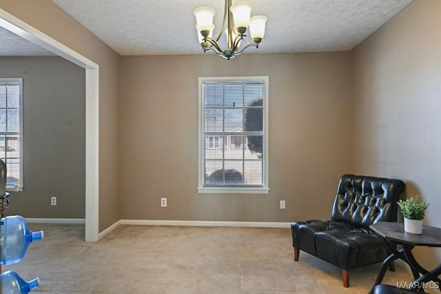 sitting room with a healthy amount of sunlight, light carpet, and a textured ceiling