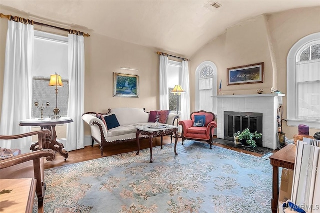 living area featuring wood-type flooring and vaulted ceiling