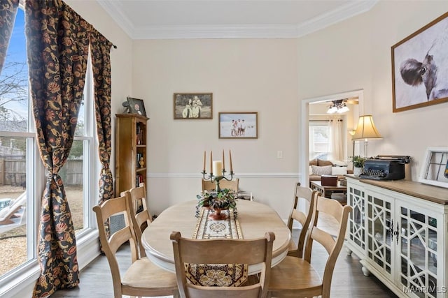 dining room with ornamental molding and hardwood / wood-style floors