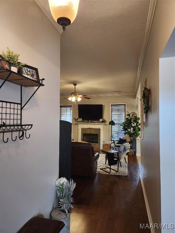 interior space featuring crown molding, wood-type flooring, and a textured ceiling