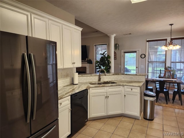 kitchen with light tile patterned flooring, sink, tasteful backsplash, kitchen peninsula, and black appliances