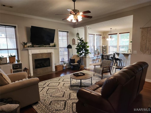 living room with a tiled fireplace, crown molding, dark wood-type flooring, and ceiling fan