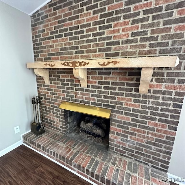 room details with a fireplace and wood-type flooring