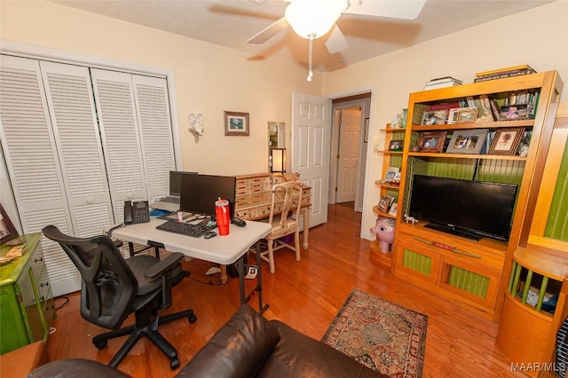 office space with ceiling fan and light hardwood / wood-style flooring