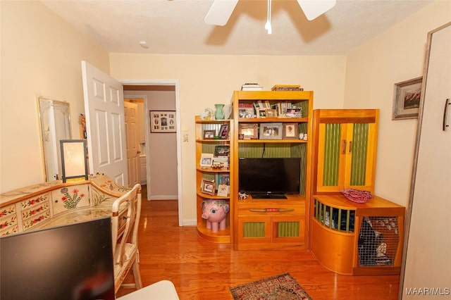 living room with ceiling fan and light hardwood / wood-style floors