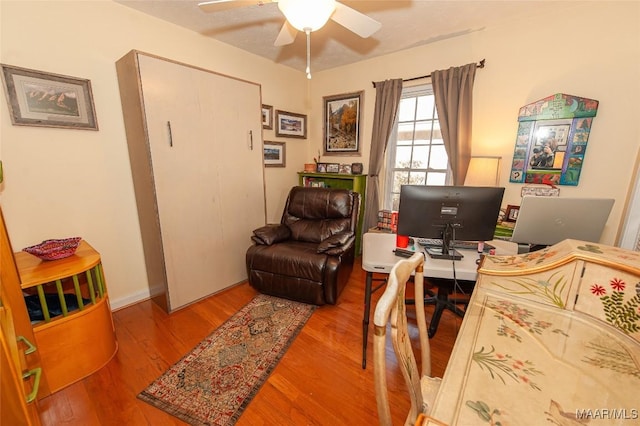 office area featuring ceiling fan and light hardwood / wood-style flooring