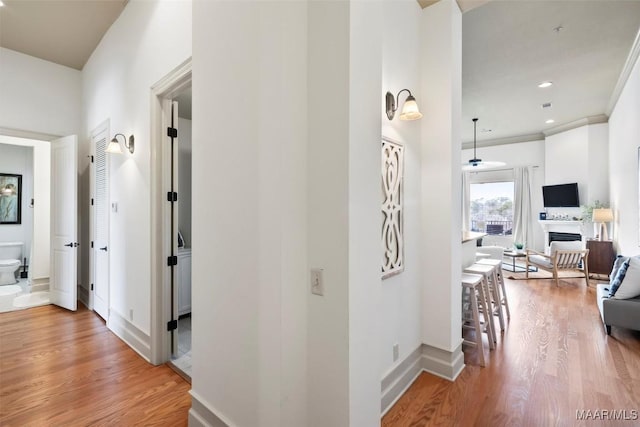 corridor with ornamental molding and hardwood / wood-style floors