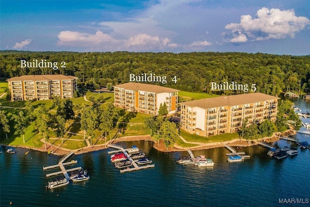 aerial view featuring a water view