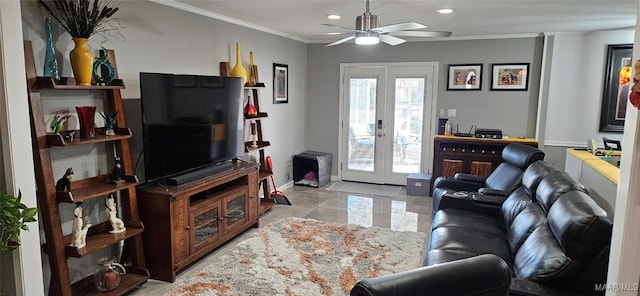 living room featuring french doors, ceiling fan, and ornamental molding