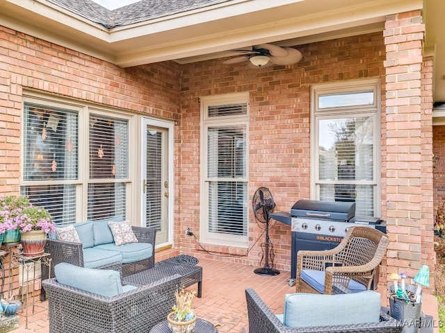 view of patio / terrace featuring an outdoor living space, grilling area, and ceiling fan