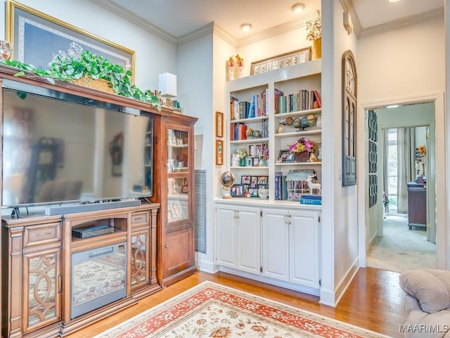 interior space featuring ornamental molding, light hardwood / wood-style floors, and white cabinets