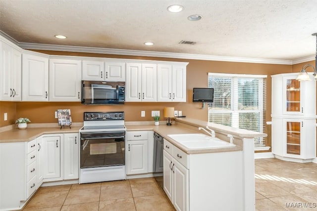 kitchen featuring white cabinetry, white range with electric cooktop, decorative light fixtures, and sink