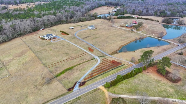 bird's eye view featuring a rural view and a water view