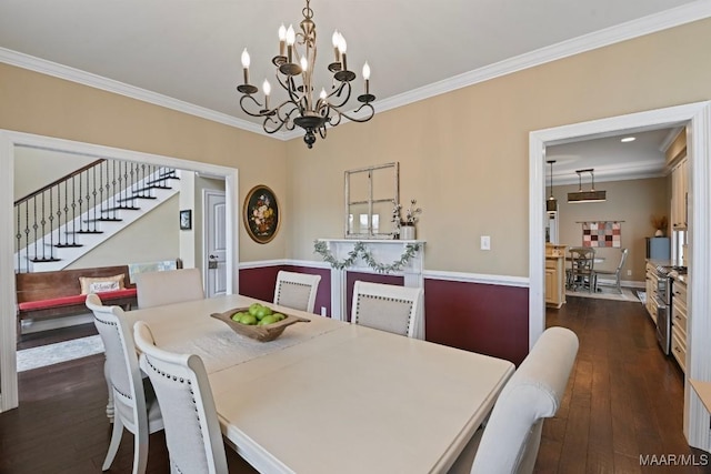 dining space with crown molding and dark wood-type flooring