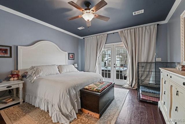 bedroom with access to outside, ceiling fan, crown molding, dark wood-type flooring, and french doors