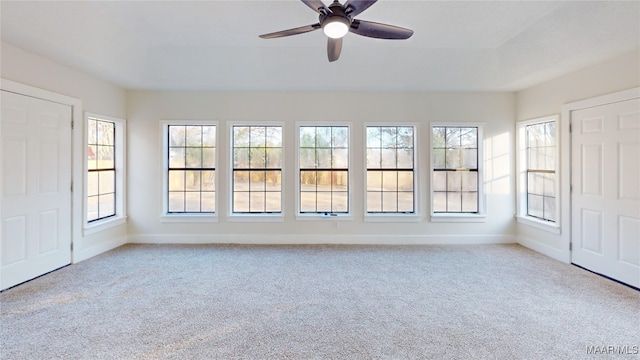 unfurnished sunroom featuring ceiling fan and a tray ceiling