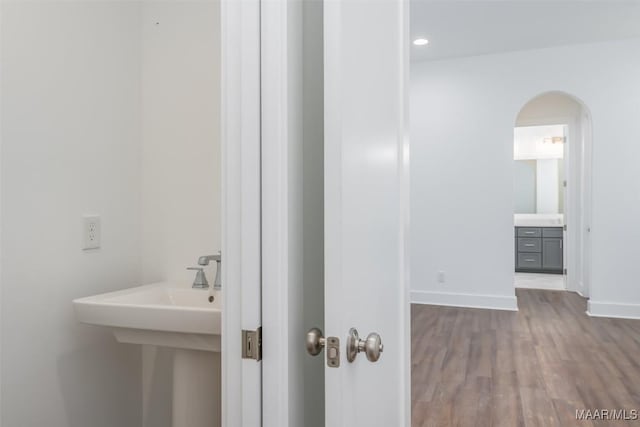 bathroom with wood-type flooring