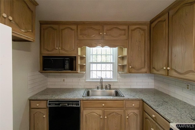 kitchen with decorative backsplash, a sink, black appliances, and open shelves