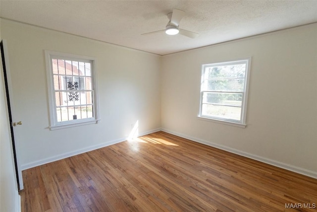 spare room featuring a ceiling fan, a textured ceiling, baseboards, and wood finished floors