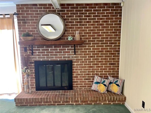 room details with a brick fireplace and carpet floors