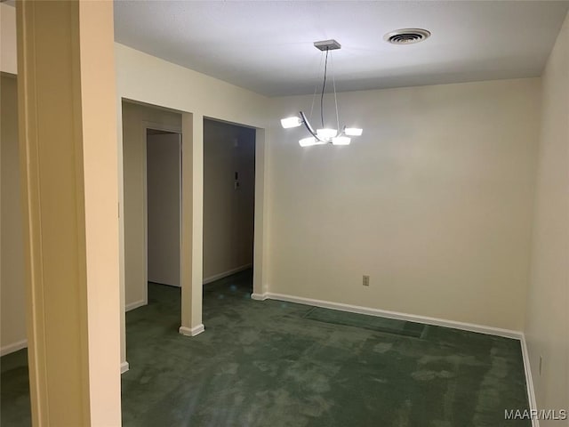 unfurnished dining area featuring dark colored carpet and an inviting chandelier