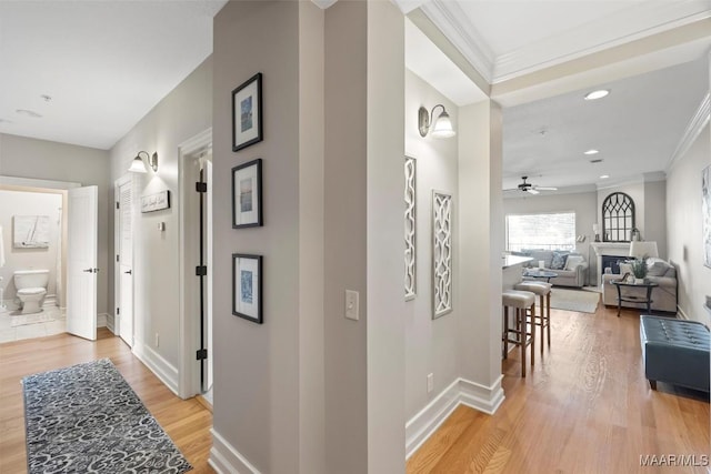 corridor featuring hardwood / wood-style flooring and crown molding