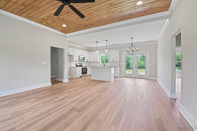 116 Madix Dr, Eclectic, AL 36024 - unfurnished living room featuring wood ceiling, a ceiling fan, a chandelier, light wood-style flooring, and recessed lighting