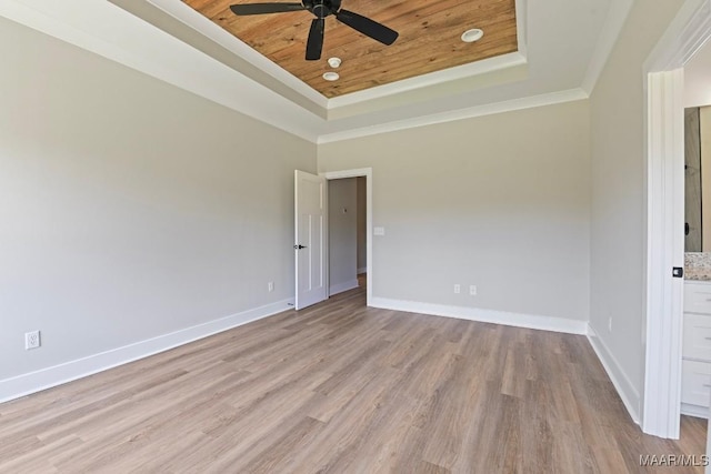 116 Madix Dr, Eclectic, AL 36024 - spare room with a raised ceiling, a ceiling fan, light wood-style flooring, wooden ceiling, and crown molding