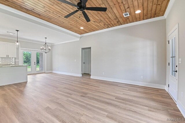 116 Madix Dr, Eclectic, AL 36024 - unfurnished living room featuring wooden ceiling, crown molding, a chandelier, ceiling fan, and recessed lighting