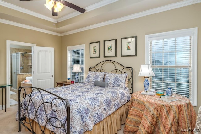 carpeted bedroom with crown molding and ceiling fan