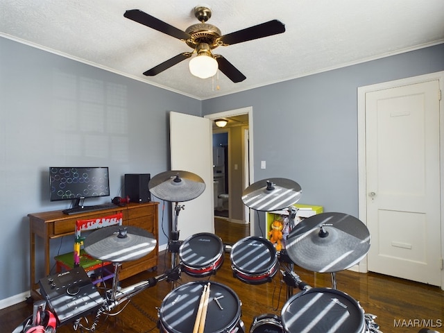 interior space with ornamental molding and dark wood-type flooring