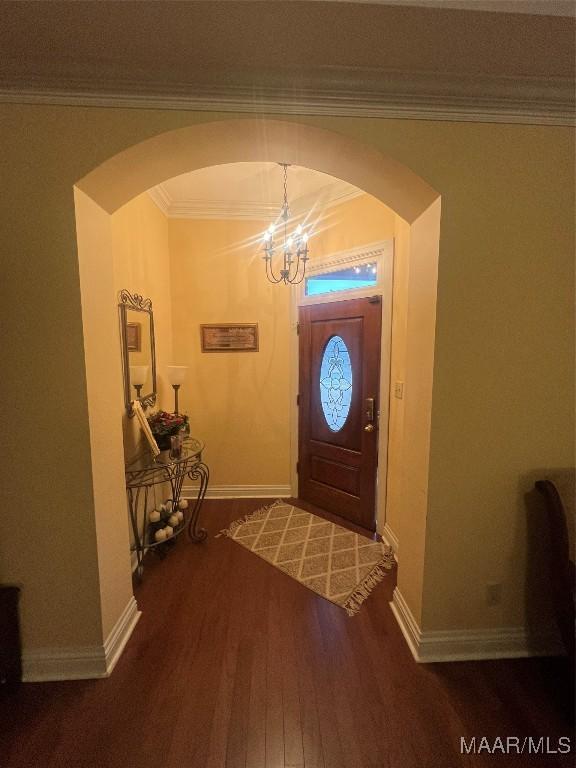 foyer with crown molding, dark hardwood / wood-style floors, and a chandelier