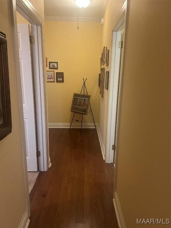 hall featuring ornamental molding and dark hardwood / wood-style floors