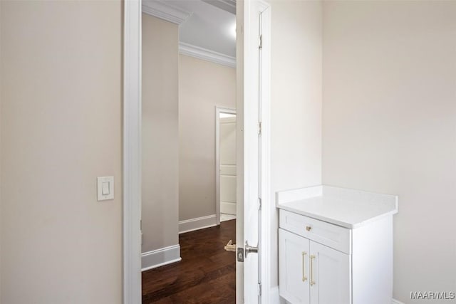 bathroom featuring ornamental molding and wood-type flooring