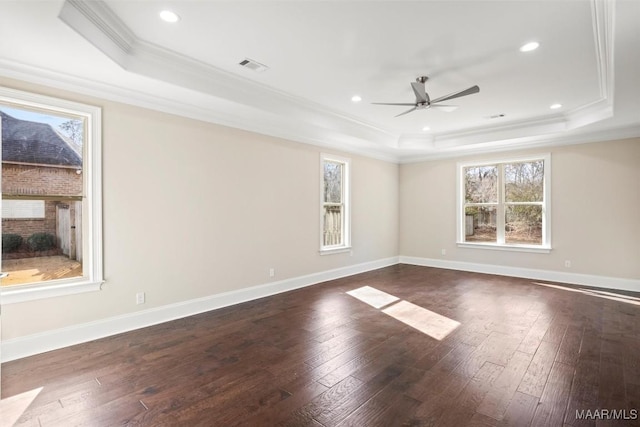 unfurnished room with a raised ceiling, plenty of natural light, and dark hardwood / wood-style flooring