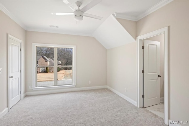 bonus room with ceiling fan, light colored carpet, and lofted ceiling