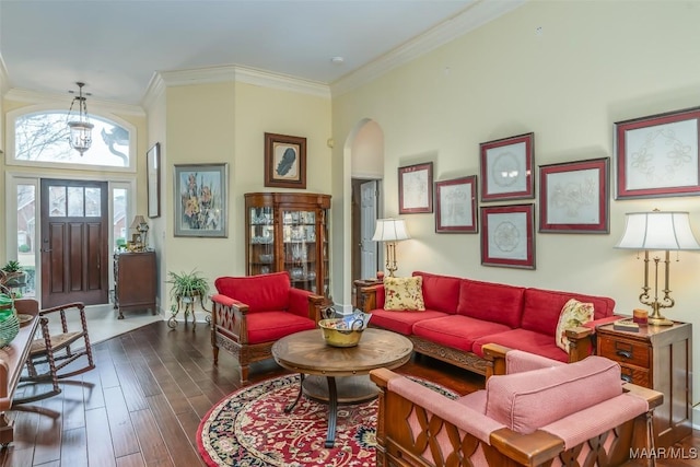 living room featuring crown molding and dark hardwood / wood-style floors