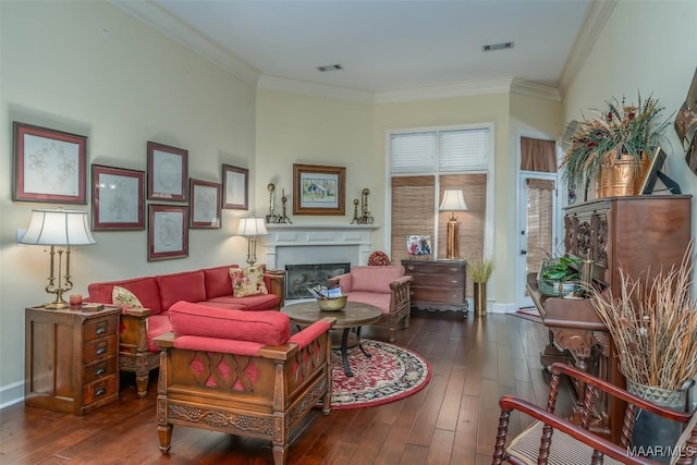 interior space with ornamental molding and dark wood-type flooring