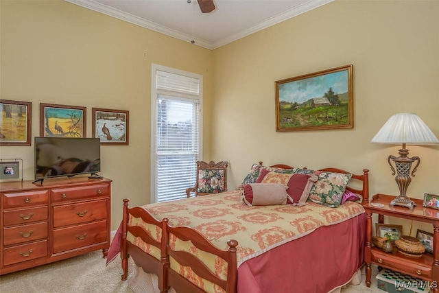 bedroom with ornamental molding, light carpet, and ceiling fan