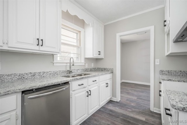 kitchen with dishwasher, sink, white cabinets, ornamental molding, and dark wood-type flooring