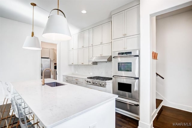 kitchen with pendant lighting, a warming drawer, stainless steel appliances, a sink, and under cabinet range hood