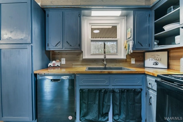 kitchen featuring blue cabinetry, wood counters, sink, and black appliances