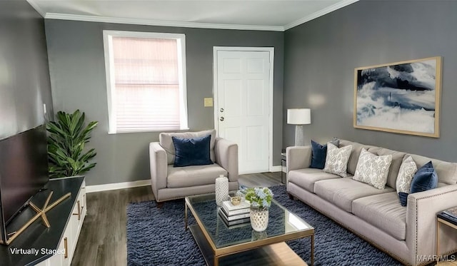 living room with ornamental molding and dark hardwood / wood-style flooring