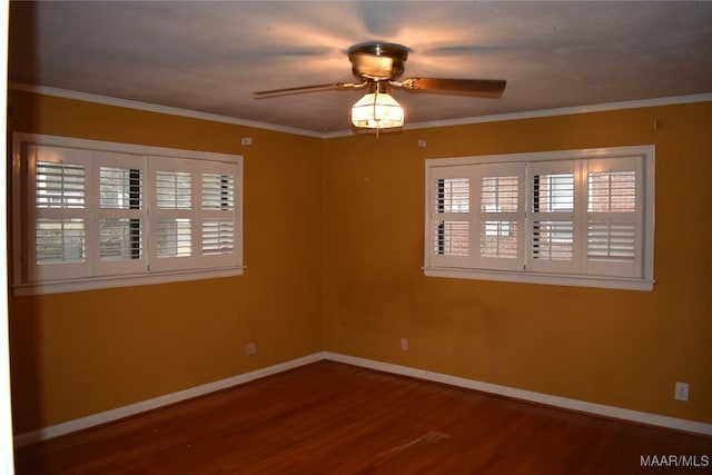 unfurnished room featuring crown molding, ceiling fan, and hardwood / wood-style flooring