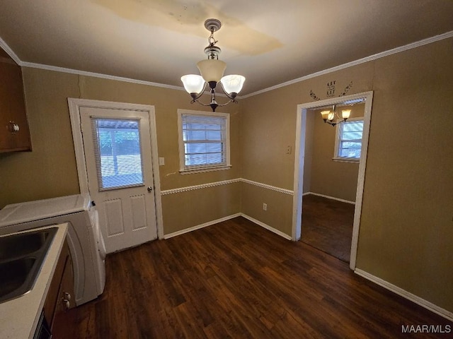 interior space with sink, a notable chandelier, crown molding, and dark hardwood / wood-style floors