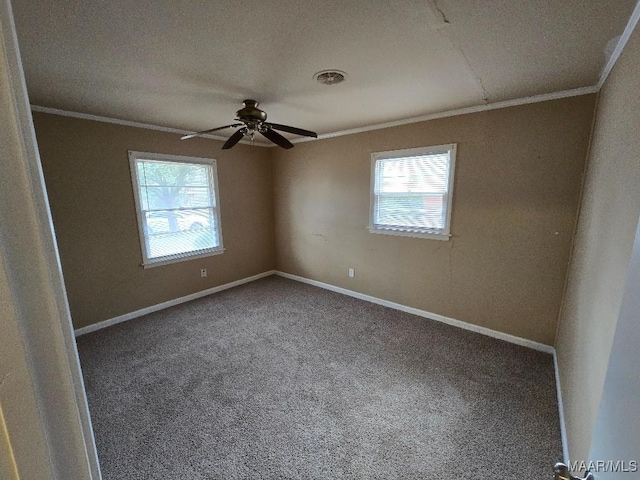 carpeted spare room with crown molding, a wealth of natural light, and ceiling fan