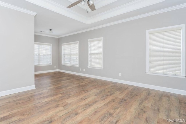 spare room with crown molding, ceiling fan, and light hardwood / wood-style floors